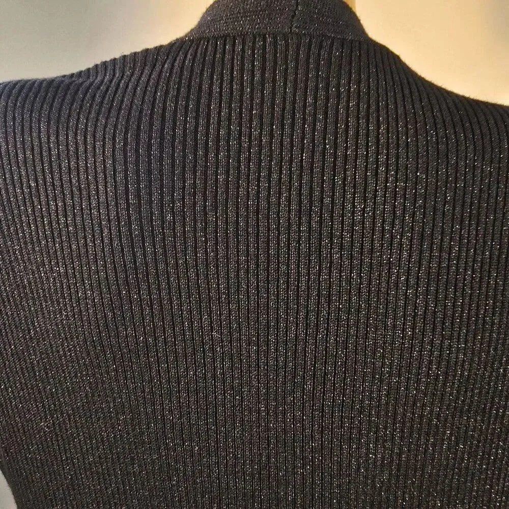 Vince Camuto Womens Rib Knit Open Front Cardigan Black Metallic Shimmer Size M